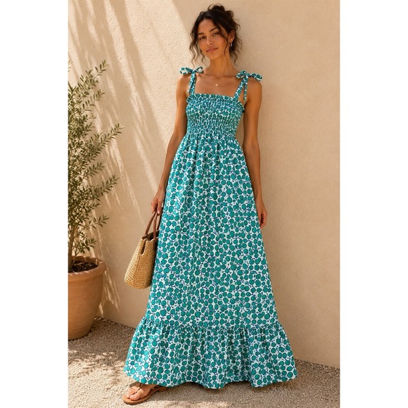 summersalt Dresses & Skirts - Summersalt The Silky Luxe Smocked Maxi Dress Green Blue Print Sz S Tie Strap